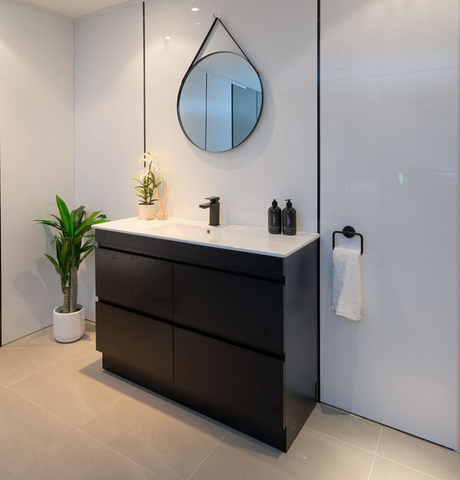 PLYWOOD 1200 FLOOR STANDING DARK OAK VANITY WITH SINGLE BASIN CERAMIC TOP - Bathroom Clearance