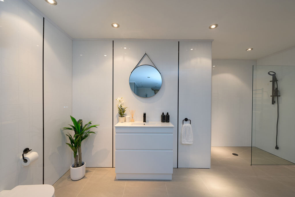 PLYWOOD WHITE GLOSS SLIM VANITY 750x360 WITH CERAMIC TOP - Bathroom Clearance