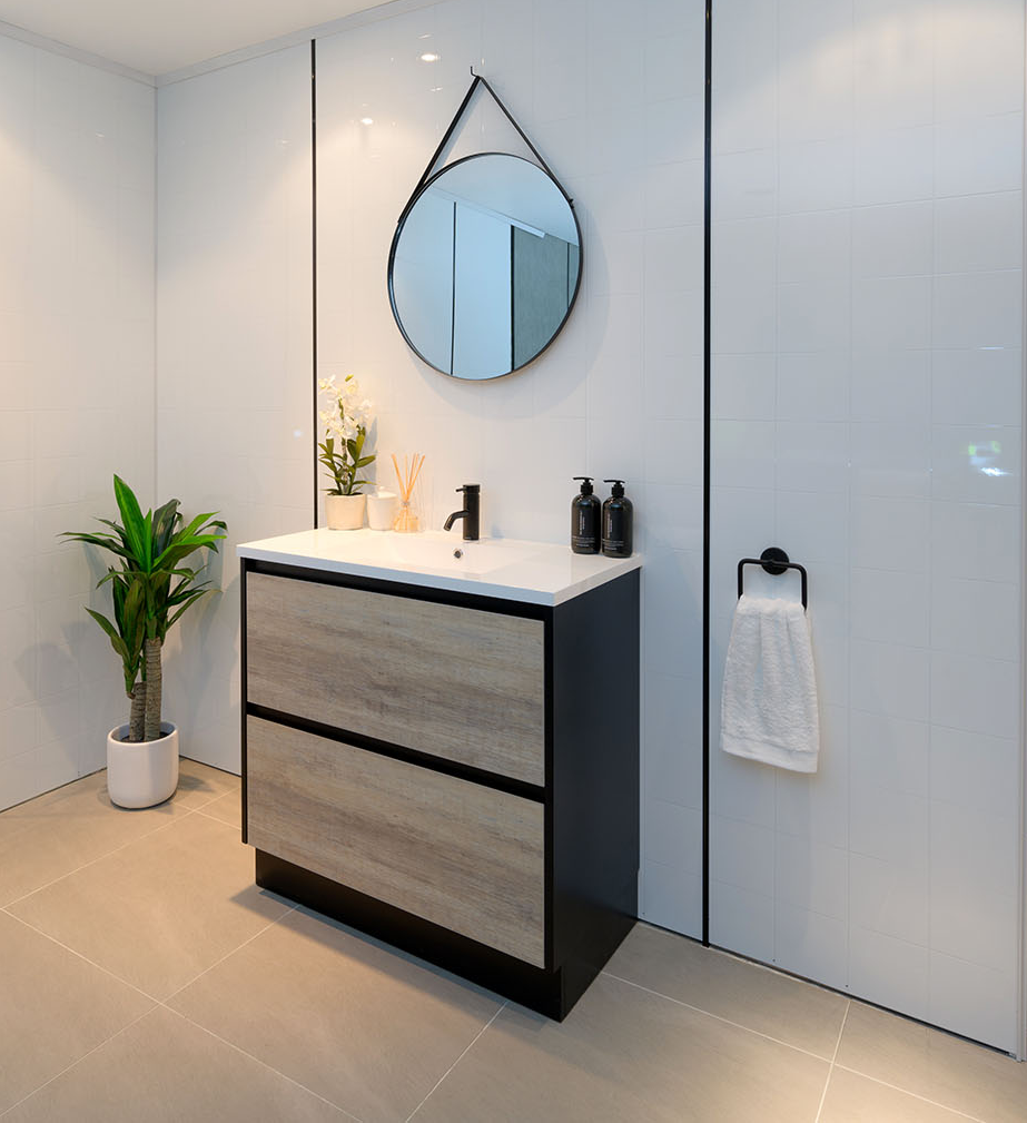 PLYWOOD 750 FLOOR STANDING VANITY BLACK LIGHT OAK WITH CERAMIC TOP - Bathroom Clearance