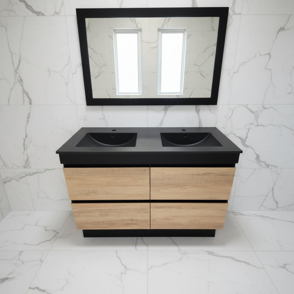 PLYWOOD POLO 1200 BLACK AND LIGHT OAK FLOOR STANDING VANITY (DOUBLE BASIN) WITH BLACK CERAMIC TOP
