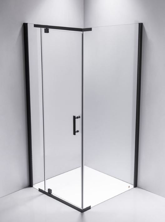 SQUARE 900 x 900 SEMI-FRAMELESS BLACK SHOWER, CORNER WASTE