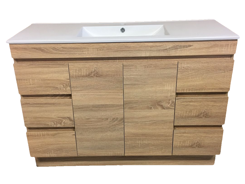 PLYWOOD 1200 FLOOR STANDING LIGHT OAK VANITY WITH SINGLE BASIN CERAMIC TOP - Bathroom Clearance